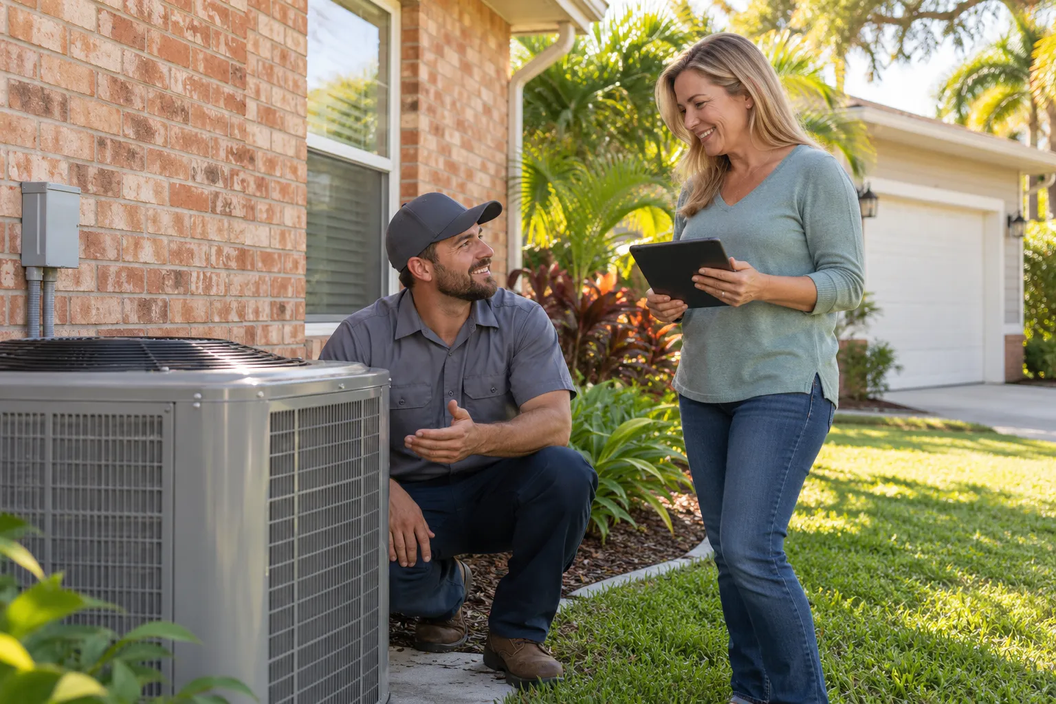 A friendly HVAC provider checking a home's outdoor AC unit with a homeowner in the Friendswood area