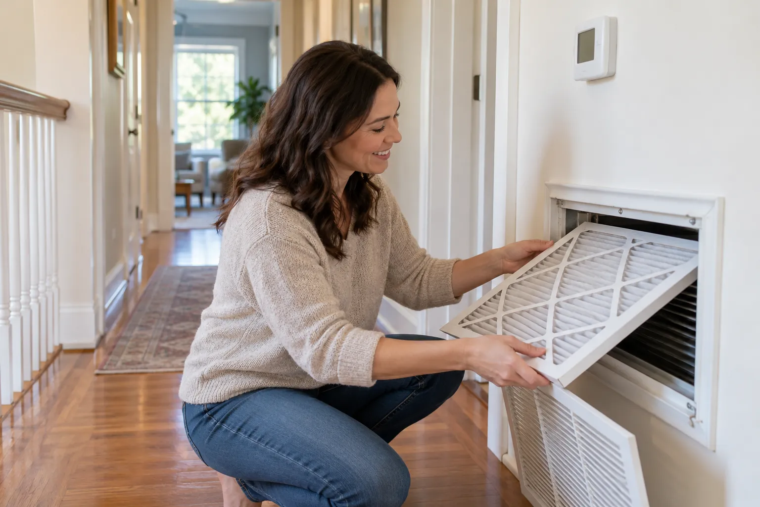 A homeowner swapping an air filter at a home in the Friendswood area